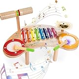 JUSTWOOD Baby Drum Set, Montessori Musical Instruments for Toddlers 1-3, All in 1 Wooden Percussion Xylophone Toddler Drum, Educational Sensory Musical Toys Birthday Gift for 3 Year Old Boys and Girls