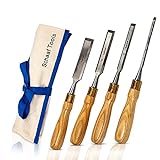 Schaaf Tools 4-Piece Wood Chisel Set | Finely Crafted Wood Chisels for Woodworking | Durable Cr-V Steel Bevel Edged Blade, Tempered to 60HRc | Tool Roll Included