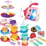 48 PCS Tea Set for Little Girls, Tea Party Set, Tea Set for Toddlers Including Kettle with Music & Light, Cookies, Kids Play Food, Tea Party Accessories Toy for Toddlers, Boys Girls Gifts