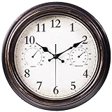 JoFomp Outdoor Clocks for Patio, Large 12 inch Outside Wall Clock Waterproof with Thermometer and Hygrometer Combo, Round Silent Battery Operated Wall Clock for Home, Pool, Garden (Bronze)