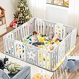 Coolever Baby Playpen, Safety Baby Gate Playpen for Babies and Toddlers Sturdy and Immovable Baby Fence Play Area Activity Center Portable Design for Indoor Outdoor (Grey+White+Star 16 Panel)
