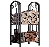 Fire Beauty Fireplace Firewood Log Rack 5-Piece Storage Logs Holder with Tools Set with 4 Tools Set Fireside Holders Wood Lumber Storage Stacking Black