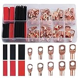 Battery Cable Ends, 150pcs Copper Cable Wire Lugs, AWG 2 4 6 8 10 12 Gauge Wire Connectors, Copper Battery Terminal Connectors, Ring Terminals Connectors, Contain 80pcs Heat Shrink Tubing