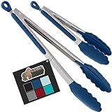 Gorilla Grip Stainless Steel Heat Resistant BBQ Kitchen Tongs Set of 2, Non Scratch Silicone Tip for Nonstick Cooking Pans, Strong Grip for Grabbing Hot Food, Air fryer, Pull Lock, 7 and 9 Inch, Blue