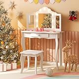 HONEY JOY Kids Vanity Set with Lighted Mirror, 2 in 1 Princess Toddler Dressing Table w/Tri-Fold Mirror & Drawer, Wooden Makeup Table & Chair Set, Pretend Play Vanity Set for Little Girls (White)