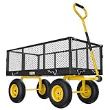 Vibemo Steel Garden Cart, 2-in-1 900 lbs Heavy Duty Utility Wagon, with Removable Mesh Sides to Convert into Flatbed, 240° U-Turn 10' Pneumatic Tires Garden Wagon for Farm Yard Lawn Garden Camping