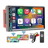 [Wireless] Double Din Car Stereo with Wireless Apple CarPlay and Android Auto, 7 Inch LCD Touchscreen RDS FM/AM Vehicle Radio with Type-C Phone Charge, Bluetooth, Mirror-Link, Waterproof Backup Camera