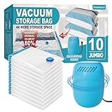 Vacuum Storage Bags with Electric Pump, 10 Jumbo Space Saver Bags Vacuum Seal Bags with Pump, Space Bags, Vacuum Sealer Bags for Clothes, Comforters, Blankets, Bedding