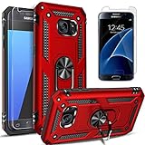 STARSHOP Samsung Galaxy S7 Phone Case, with [Tempered Glass Screen Protector Included], Military Grade Shockproof Drop Protection Ring Kickstand Protective Phone Cover - Red