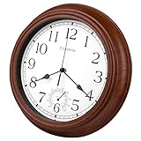 Indoor Outdoor Clock Waterproof 12' - Retro Wooden Grain Wall Clocks with Thermometer Combo for Patio Pool Garden Home Living Room Decor,Brown,Dad or Grandpa Gifts for Christmas