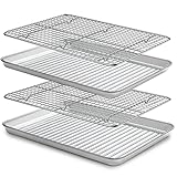 Baking Sheet with Cooling Rack Set(2 Pans+2 Racks) 16'', Terlulu Stainless Steel Baking Pan with Wire Rack, Heavy Jelly Roll Sheet Pan&Bacon Rack for Oven Cooking, Cookie Sheet, 16 x 12.1 x 1.1 Inch