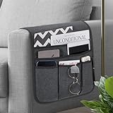 Remote Control Holder Armchair Caddy for Recliner Couch, Non-Slip Armrest Organizer with 5 Pockets for Magazine, Tablet, Phone, iPad (Dark Grey)