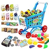 deAO Kids Shopping Cart Trolley Play Set Includes 78 Grocery Food Fruit Vegetables Shop Accessories (Blue)