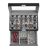 SONGMICS 12-Slot Watch Box, Christmas Gifts, Lockable Watch Case with Glass Lid, 2 Layers, with 1 Drawer for Rings, Bracelets, Gift Idea, Black Synthetic Leather, Gray Lining UJWB012