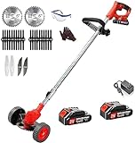 Weed Wacker Cordless Electric Battery Powered Weed Eater, 21V Lightweight Grass Trimmer Edger Lawn Tool with 2Pcs 2000mAh Battery, Push Wheeled Weed Brush Cutter No String Trimmer for Yard and Garden