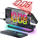 SZELAM Projection Alarm Clock, 7.4 in Digital Mirror Clocks,with 180° Rotatable Projector, RGB Night Light,USB C Charger Port, Auto Dimmer, LED Desk Clock for Bedroom - Black