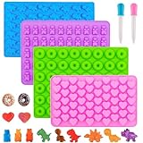 HKUCFTT Gummy Candy Molds, Gummy Bear Mold Silicone with 2 Droppers, Non-stick Silicone Molds Including Hearts, Bear, Mini Dinosaur and Mini Dount, Set of 4