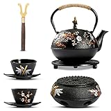 Dyna-Living Cast Iron Teapot with Warmer Japanese Tea Kettle 720ml/24.5oz Japanese Cast Iron Teapot Set with 2 Tea Cups Cast Iron Tea Pot with Infuser Cast Iron Tea Kettle for Wood Stove or Stovetop