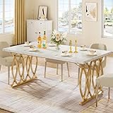 Tribesigns Modern Dining Table for 4-6 People, 63' Large Rectangular Kitchen Table with Faux Marble Tabletop and Gold Geometric Legs, Unique Dinner Table Kitchen & Dining Room Furniture, White & Gold