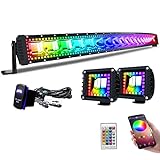 Lpteso RGBW Curved LED Light Bar 52Inch 300W Flood Spot Combo Beam 2PCS 4 Inch 18W Flood RGB LED Pods with 16 Solid Colors Chasing RGB Halo Ring Changing with Strobe Flashing with Rocker Switch Wiring