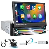 Podofo Motorized Touchscreen Single Din DVD Car Stereo with Apple Carplay, Android Auto, Mirror Link, 7'' Screen, Bluetooth, USB, AUX, RDS, Rear View Camera
