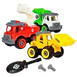 Flybar Power Gearz Take Apart Toy with Screwdriver and Screws- 3 Pack Truck Set for Boys and Girls- Fire Truck, Construction Truck, Garbage Truck- Vehicle Set - Building Toys for Kids Ages 3-5