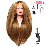 SILKY 26'-28' Long Hair Mannequin Head with 60% Real Hair, Hairdresser Practice Training Head Cosmetology Manikin Doll Head with 9 Tools and Clamp - #27 Golden, Makeup On
