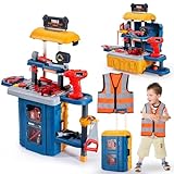 GEIYATOI Kids Toy Tool Bench Set, Toddler Workbench with Electric Drill and Realistic Tools Toy for 3 4 5 6 Years Old Boys Girls, Construction Workshop Gifts for Christmas Birthday Party New Year