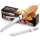 Prikoi Electric Knife - Easy-Slice Serrated Edge Blades for Carving Meat, Bread, Turkey, Ribs, Fillet, DIY, Ergonomic Handle + 2 Blades for Raw & Cooked Food(Faux Wood)