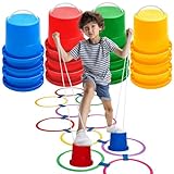 Foilswirl 8 Pairs Balancing Stilts for Kids Walking Stilts Toys Sports Platform Stilts with Hopscotch Ring Game 10 Multi Colored Plastic Rings and 10 Connectors for Coordination, Strength, Active Play