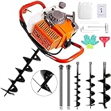 PRIJESSE 72cc Post Hole Digger 2-Stroke Petrol Gas Powered Earth Digger with 2 Extension Rods + 3 Auger Drill Bits (4' 8' & 12') for Farm Garden Plant