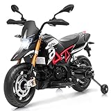 HONEY JOY Kids Motorcycle, 12V Aprilia Licensed Battery Powered Ride on Motorcycle w/Training Wheels, Headlight & Music, Foot Pedal, Spring Suspension, Electric Motorcycle for Boys Girls 2-8 (Black)