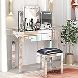 IKIFLY Mirrored Vanity Table Set w/Tri-fold Mirror & PU Leather Cushioned Stool, Silver Makeup Dressing Table w/2 Drawers, Modern Writing Desk for Bedroom Bathroom Home Office