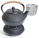 Oztara Cast Iron Teapot Set, 40 oz/1200 ml Japanese Style Teapot with Infuser and Warmer, Tea pot | Tea Kettle Coated with Enameled Interior, Large Cast Iron Kettle, Black & Iron cast Teapot warmer