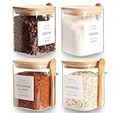 CZZGSM Set of 4 Square Glass Jar with Bamboo Lids and Spoons – Airtight 27 oz Borosilicate Glass Food Storage Contaienrs with 132 Kitchen Pantry Labels for Coffee, Tea, Sugar