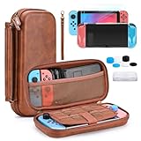 Younik PU Leather Brown Switch Case, Hard Carrying Case for Switch 2017, 13-in-1 Switch Case Bundle, Switch Travel Case with Protective Case, Screen Protector, 6pcs J-con Covers and Game Card Case