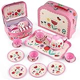 D-FantiX Kids Tea Set for Little Girls, 15Pcs Pink Tin Tea Party Set for Toddlers Afternoon Tea Time Playset with Metal Teapots Tea Cups Play Dishes Princess Toys Gifts with Carry Case