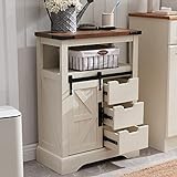 OKD Bathroom Floor Cabinet, Farmhouse Storage Cabinet with Sliding Barn Door & Storage Drawers, Small Storage Cabinet for Bathroom, Kitchen, Living Room, Rustic Oak with Antique White
