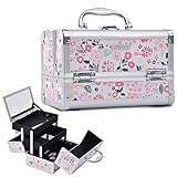 Joligrace Makeup Box Cosmetic Train Case Jewelry Organizer Lockable with Keys and Mirror 2-Tier Tray Portable Carrying Travel Storage Box for Girl - White Floral