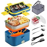 Electric Lunch Box 60W Food Heated 12V 24V 110V Faster Food Warmer Heater for Car/Truck/Home Portable Heating Boxes with 1.8L 304 SS Container Fork & Spoon (Light blue+Yellow)