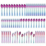 60 Pieces Rainbow Silverware set for 12, Compralo Colorful Stainless Steel Flatware Cutlery Set, Kitchen Utensils Set Include Knife Fork Spoon, Tableware Set With Titanium Plated, Dishwasher Safe
