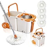 MASTERTOPFloor Spin Mop Bucket System with Wringer Set - Stainless Steel Mop Handle, Separate Clean and Dirty Water, 4 Washable Microfiber Mop Head, Cleaning Bucket Easy to Store