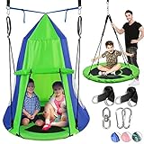 40' Hanging Tree Play Tent Hangout for Kids Indoor Outdoor Flying Saucer Floating Platform Swing Treepod Inside Outside House Canopy - Includes Hammock Pod Hang Kit and Swinging Swivel Spinner