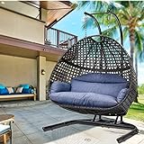 JOYBASE 2-Person Hanging Swing Chair with Stand, Hanging Egg Chair, Wicker Rattan Hanging Chair with Cushion for Indoor Outdoor Garden Patio (Blue&Black)