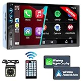 Double Din Car Stereo with Wireless Carplay,Wireless Android Auto,7 inch Touch Screen Radio with Backup Camera,Bluetooth Car Audio Receiver,Mirror Link,SWC,FM/USB/AUX/Subwoofer…