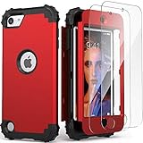 IDweel for iPod Touch 7th Generation Case with 2 Screen Protectors, Hybrid 3 in 1 Shockproof Slim Heavy Duty Hard PC Cover Soft Silicone Bumper Full Body Case for iPod Touch 5/6/7th Gen, Red