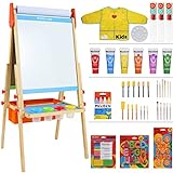 MEEDEN Kids Art Easel, Adjustable Wooden Painting Easel for Kids, Double-Sided Standing Kids Activity Easel with 3 Drawing Paper Rolls,Dry-Erase Board, Chalkboard, Finger Paints &Kids Art Accessories