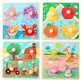 Sunshane Wooden Peg Puzzles (Set of 4) - Farm, Dinosaur, Fruit and Marine Animals, Preschool Learning Toys, Wooden Puzzles for Toddlers 1-3, Great Gift for Kids