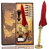 Jubapoz Feather Pen Calligraphy Pen and Ink Set Antique Writing Quill Ink Dip Pens with Sealing Stamp and Wax for Drawing, Signatures, Retro Decoration (Wine Red)