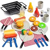 Play-Act 27 PCS Kids BBQ Grill Playset Backyard Barbecue Play Grill Toy Set for Toddlers，Play Food Sets for Kids Kitchen